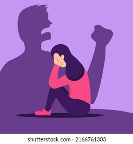 Depressed Woman Because Of Toxic And Grumpy Parents. Girl Sitting Crying Scared With Angry Shouting Father Big Shadow Silhouette On The Wall Vector Flat Illustration