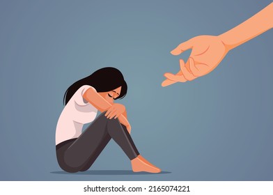 
Depressed Woman Being Offered A Helping Have Vector Concept Illustration. Sad Young Victim Finding Help And Solidarity In Psychotherapy
