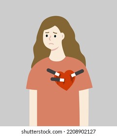 Depressed Woman With Bleeding Red Heart Stabbed By Knifes. Sad Girl Feeling Heart Broken. Relationship, Love Dating, Mental Health, Break Up Concepts. Flat Cartoon Vector Design Isolated Illustration.