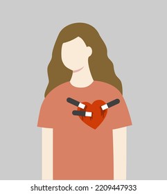 Depressed Woman With Bleeding Red Heart Stabbed By Knifes. Sad Girl Feeling Heart Broken. Relationship, Love Dating, Mental Health, Break Up Concepts. Flat Cartoon Vector Design Isolated Illustration.