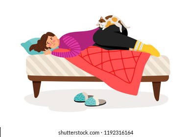 Depressed woman and cat. Sad woman in bed colorful icon on white background