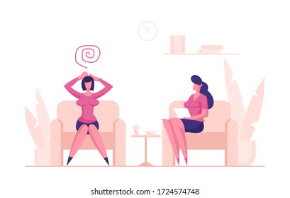 Depressed Woman Client Character Sitting on Couch at Psychologist Appointment for Professional Help. Doctor, Specialist Talking with Patient of Mind Health Problem. Cartoon People Vector Illustration