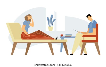 Depressed Woman Client in Clinic Lying on Couch at Psychologist Appointment for Professional Help. Doctor, Specialist Talking with Patient about Mind Health Problem. Cartoon Flat Vector Illustration