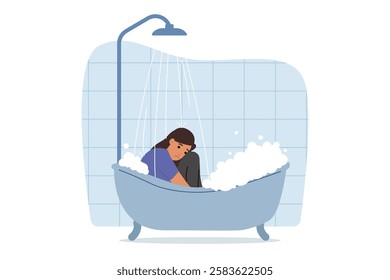 Depressed woman in clothes sits in bathtub with water, experiencing stress and apathy after breaking up with boyfriend. Depressed girl needs help of psychologist and psychotherapy to treat melancholy