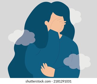 Depressed woman with a clouded mind covers her face. Stressed teenager girl suffers from mental health disorders. Psychological problems, anxiety, depression concept. Vector illustration.
