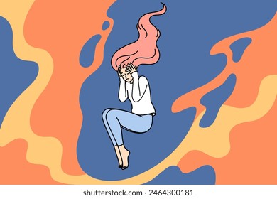 Depressed woman clutches head feeling migraine caused by stress, floating among flames. Apathetic state and frustration in depressed lady who needs help of psychotherapist to combat mental disorder