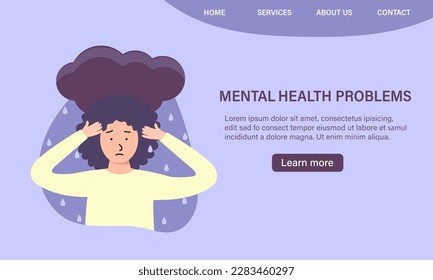 Depressed woman clutching her head in the rain. Mental disorder, sadness and depression concept. Physical and emotional violence against women.