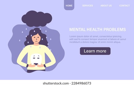 Depressed woman clutching her head in the rain. Mental disorder, sadness and depression concept. Physical and emotional violence against women