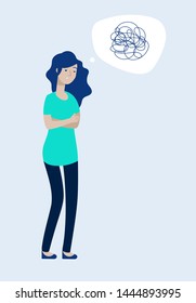 Depressed woman concept. Female feels depression, messy complicated mind, unhappy teen. Solitude grief stress anxiety headache vector. Illustration of unhappy and sad, depressed girl, person sadness