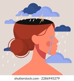 Depressed woman concept. Young girl stands and cries. Mental disorder and psychological problems. Frustration and depression. Negative feelings and emotions. Cartoon flat vector illustration