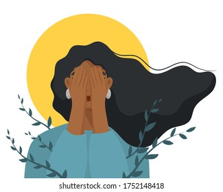 Depressed woman cover her face with hands. Concept of mental disorder, sorrow and depression.  Physical and emotional violence against women. Vector illustration.