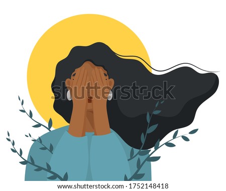 Depressed woman cover her face with hands. Concept of mental disorder, sorrow and depression.  Physical and emotional violence against women. Vector illustration.