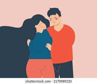 Mujer deprimida cubriéndose la cara mientras su marido la consuela. Hombre consolándose y preocupado por su mejor amigo. Concepto de relaciones de apoyo y problemas de pareja. Ilustración del vector  