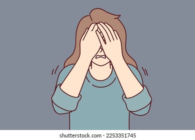 Depressed woman covers eyes with hands when she cries or sees something scary. Nervous girl experiencing stress and depression after breaking up with boyfriend or problems at work. Flat vector design 