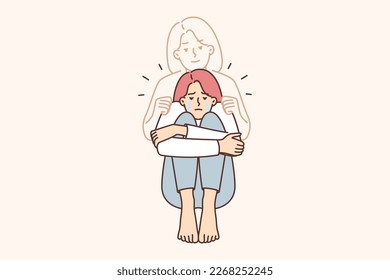 Depressed woman crying over death of mother or sister grieving over loss and loss of relative after long illness. Spirit of deceased hugs upset girl in need of psychological support related to death svg