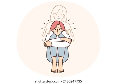 Depressed woman crying over death of mother or sister grieving over loss and loss of relative after long illness. Spirit of deceased hugs upset girl in need of psychological support related to death