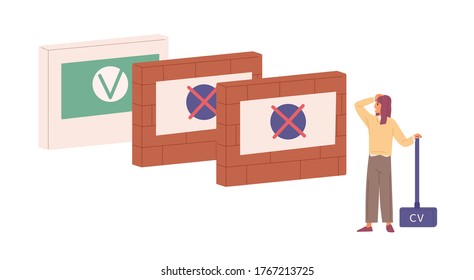 Depressed woman with cv trying to find job vector flat illustration. Female with hammer stand in front of brick wall isolated on white. Problem to employment or difficulties of work seeking