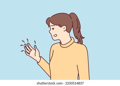 Depressed woman experiencing with blue fingers after injury or chronic illness tormented by pain. Unhappy girl who pinched hand needs help of doctor or healing ointment. Flat vector illustration