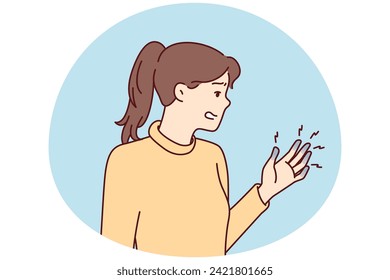 Depressed woman experiencing with blue fingers after injury or chronic illness tormented by pain. Unhappy girl who pinched hand needs help of doctor or healing ointment. Flat vector illustration