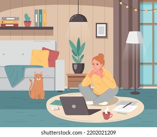 Depressed woman experiencing professional burnout sitting on floor with cup of coffee trying to work on laptop cartoon vector illustration