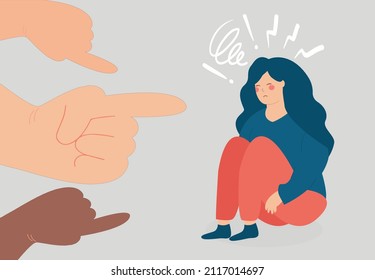 Depressed woman feeling ashamed suffers from abuse. Young girl with psychological problems surrounded by big fingers pointing at him. Blaming, public censure, Bullying, mental health disorders concept