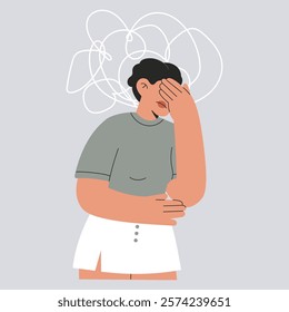 Depressed woman feels confusion, anxiety and frustration. Female with attention disorder and ADHD problems closes her face with hand, fatigue, headache, overload in mind, vector isolated illustration