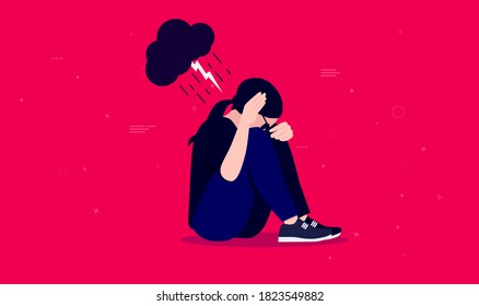 Depressed Woman - Female Person Sitting On Floor With Dark Cloud Over Head, And Hand In Front Of Face. Depression, Sadness And Mental Health Problem Concept. Vector Illustration.