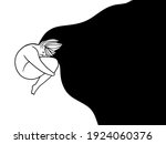 Depressed woman with flying hair is hugging her self. Young sad teenage girl with obesity hugging her knees and falling down into depression. Mental health problem concept. Vector iluustration