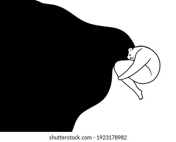 Depressed woman with flying hair is hugging her self. Young sad teenage girl with obesity hugging her knees and falling down into depression. Mental health problem concept. Vector illustration