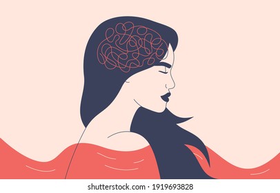 Depressed woman with flying hair stand in the choppy water. Lost girl feels frustrated and confused thinking. Concept of psychological problem, mental disease and brain illness. Vector illustration.