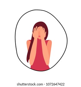 Depressed woman. Hand drawn icon. Cartoon character. Vector.