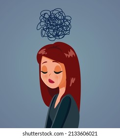 
Depressed Woman Having Tangled Thoughts Vector Cartoon Illustration. Unhappy anxious girl having dark thoughts feeling confused

