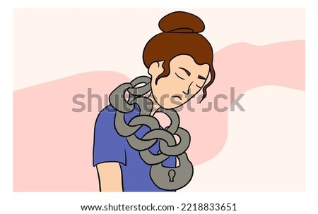 Depressed woman. Heavy chain, closed lock around neck. Vector flat illustration Imagine de stoc © 