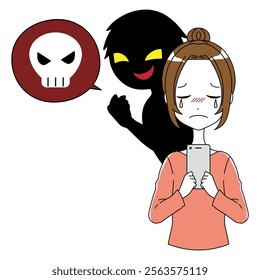 A depressed woman holding a smartphone and a villain talking dangerously