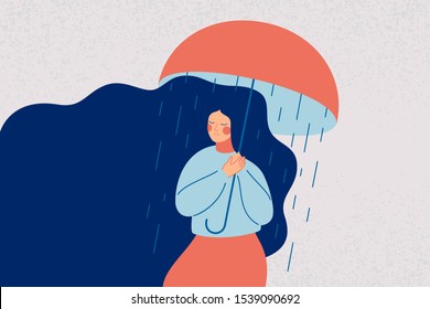 Depressed woman holds an open umbrella, which does not save her from the rain. Sad girl is in a stressful state. Colorful vector illustration in flat cartoon style 