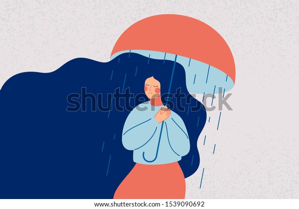 落ち込んだ女は 雨が降るのを防げない 開いた傘を持っている 悲しい女の子はストレスの多い状態です フラットなカルートーンスタイルのカラフルなベクター イラスト のベクター画像素材 ロイヤリティフリー