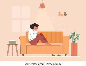 Mujer deprimida en casa. Muchacha sentada en el sofá con la cabeza en las manos. Salud mental y problemas psicológicos. Emociones, sentimientos y ánimo, frustración. Dibujo vectorial plano de dibujos animados