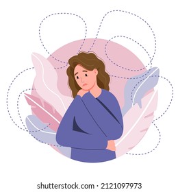 Una mujer deprimida se abraza con los brazos. El concepto de trastorno mental, tristeza y depresión. Abuso físico y emocional de las mujeres. Ilustración vectorial.
