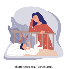 Depressed woman irritated by child cry, postnatal depression and stress being mother. Parenthood and exhaustion, annoyed mommy standing by crib of newborn. Desperate lady vector in flat style