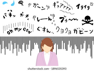 depressed woman and Japanese negative sound effect 
"boo""Bummer""Agh"