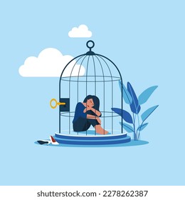 Depressed woman lock herself sit inside birdcage. Anxiety or depression, solitude, fear to get outside. Modern vector illustration in flat style