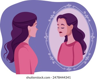 
Depressed Woman Looking in the Mirror Feeling Anxious Vector Illustration. Anxious girl suffering being worried and anguished 
