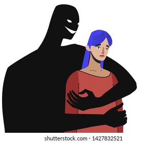 Depressed woman with lowered head and black silhouette of man standing behind and hugging her. Concept of depression, addiction, loneliness or mental disorder. Young scared woman. Vector illustration