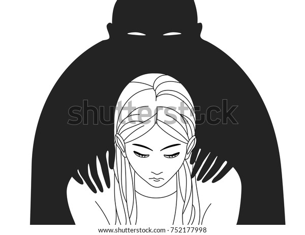 後ろに立って両手を肩に置く男の頭と黒いシルエットを持つ落ち込んだ女性。鬱病や精神障害のコンセプト。白黒のベクターイラスト。
