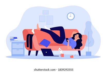 Depressed woman lying on couch in messy room isolated flat vector illustration. Cartoon lazy character resting on sofa at home and surfing internet on smartphone. Apathy and indifference concept