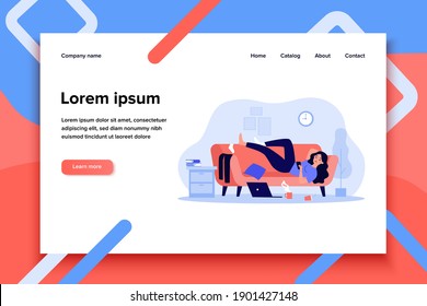 Depressed woman lying on couch in messy room isolated flat vector illustration. Cartoon lazy character resting on sofa at home and surfing internet on smartphone. Apathy and indifference concept