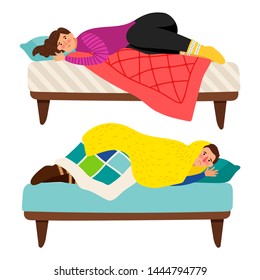 Depressed woman and man in bed - depression vector concept. Illustration of woman and man depression, problem sadness