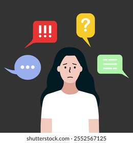 Depressed woman with negative speech bubbles. Bullying, mental health, anxiety, public disapproval concept. Flat vector character design isolated illustration.