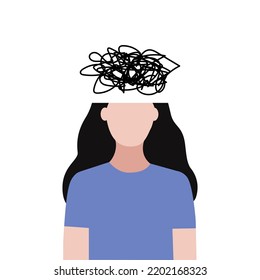Depressed woman with negative thoughts. Girl open head with chaotic lines. Depression, mental health, pressure, anxiety, burnout concept.  Flat cartoon character vector design illustration.