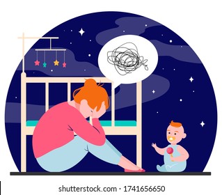 Depressed woman with newborn flat vector illustration. Sleepy tired young mom sitting near bed and baby in anxiety mood. Motherhood and parenting difficulties concept